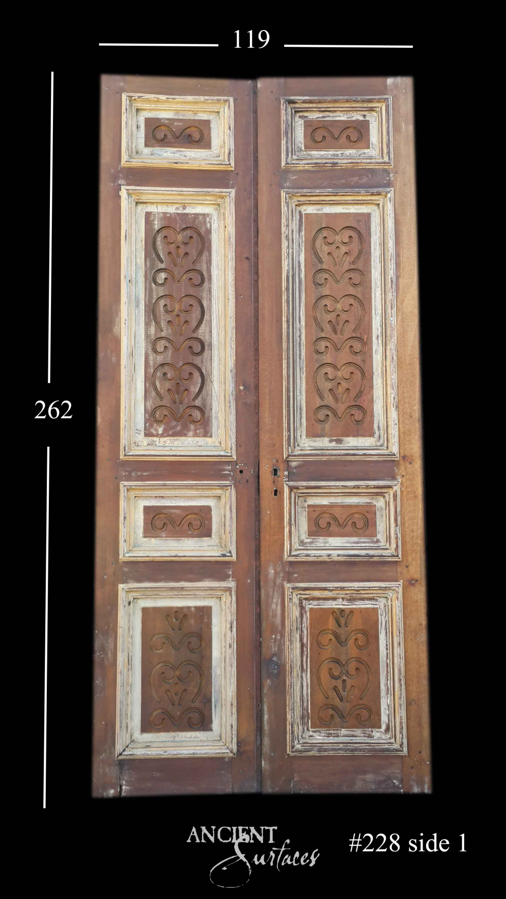 Carved walnut-tone reclaimed antique double door with scrolled heart-and-palmette relief panels