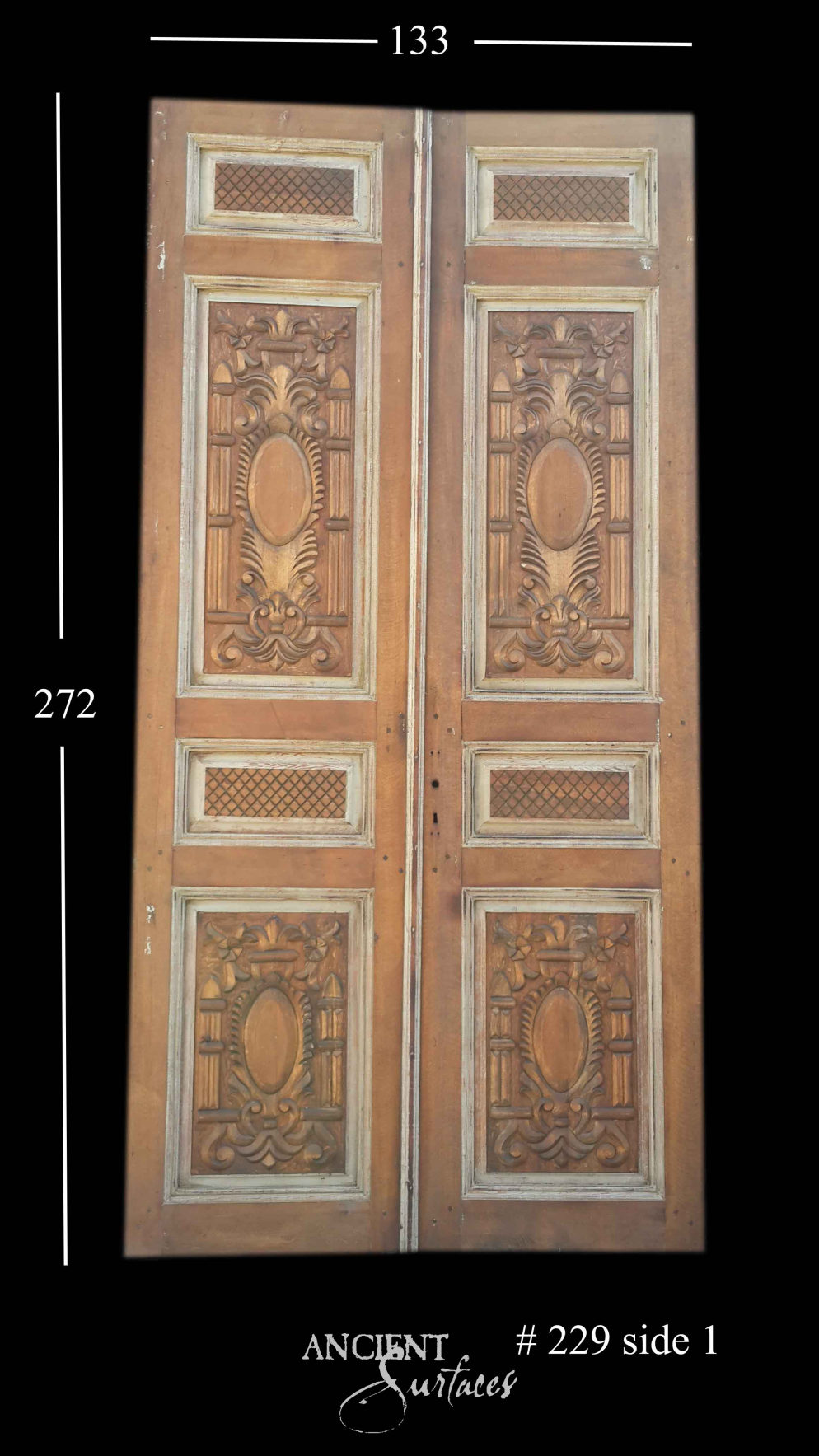 Ancient Surfaces hand-carved reclaimed antique double door with oval cartouche panels and pierced lattice grilles