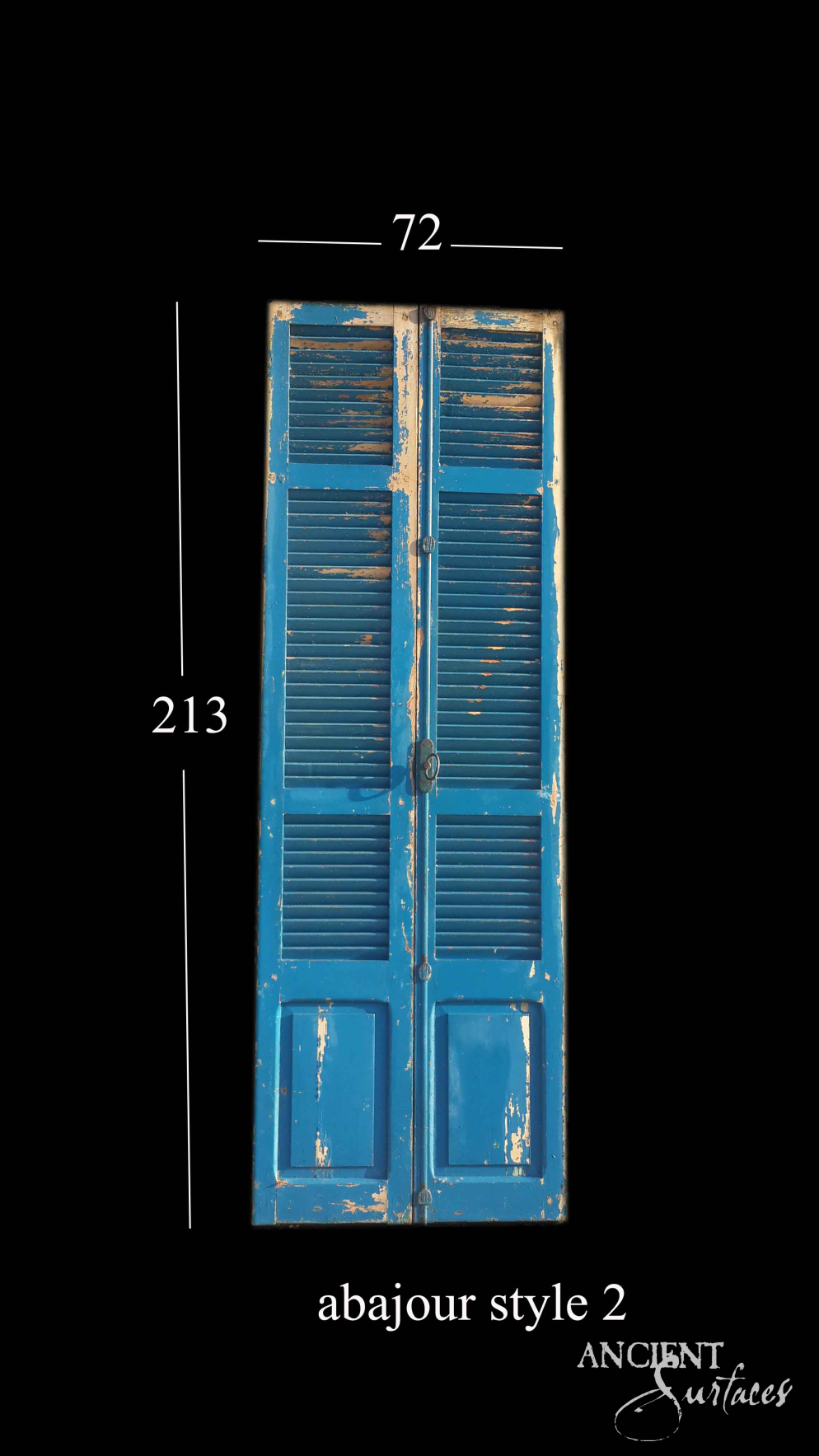 Narrow pair of blue reclaimed antique abajour louvered shutter doors with chipping paint