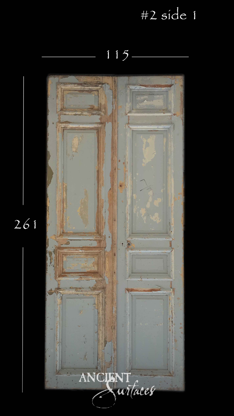 Grey-blue reclaimed antique double door with distressed flaking paint over six raised panels