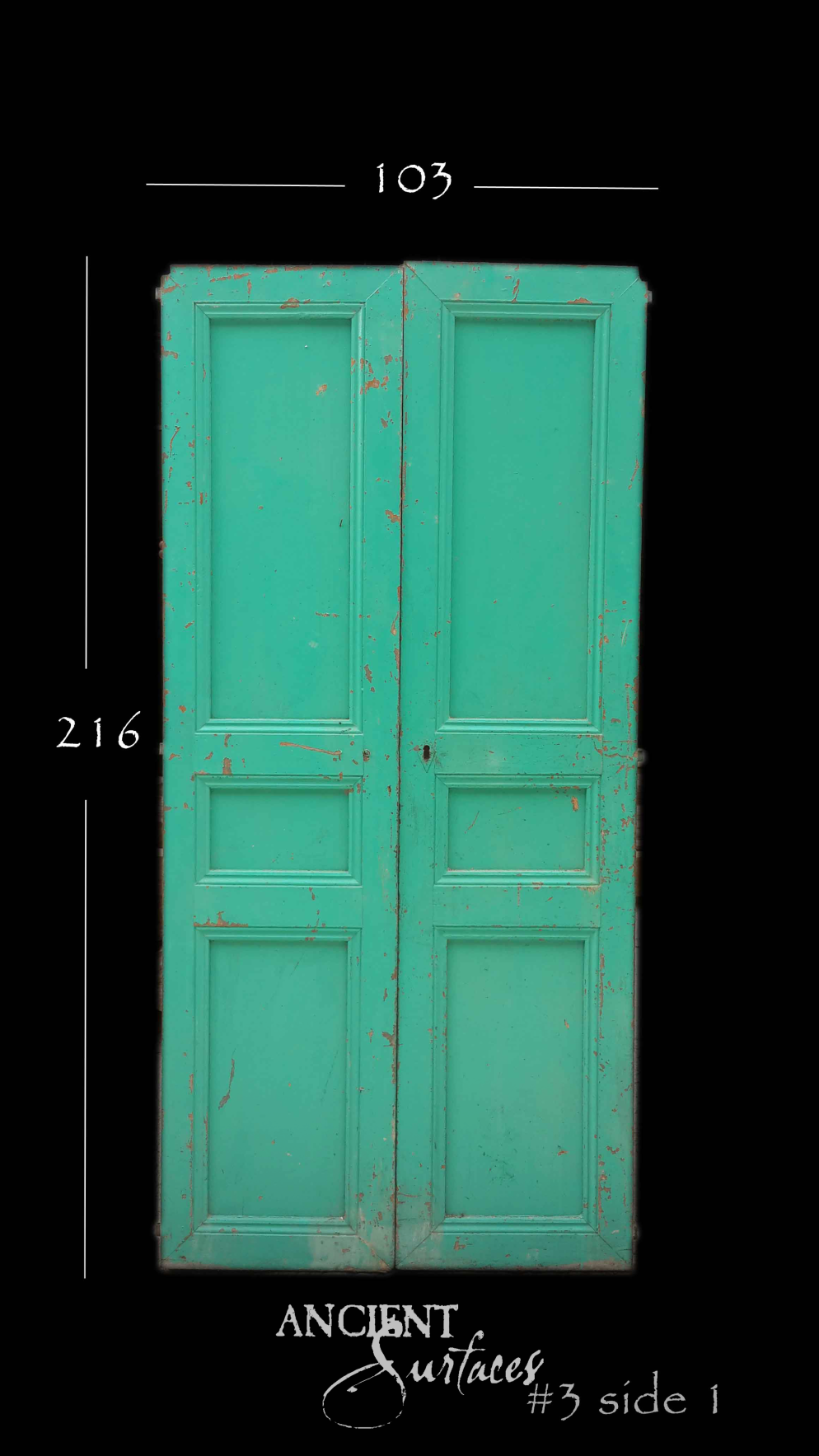 Turquoise reclaimed antique double door with red-bole undertones and three raised panels per leaf