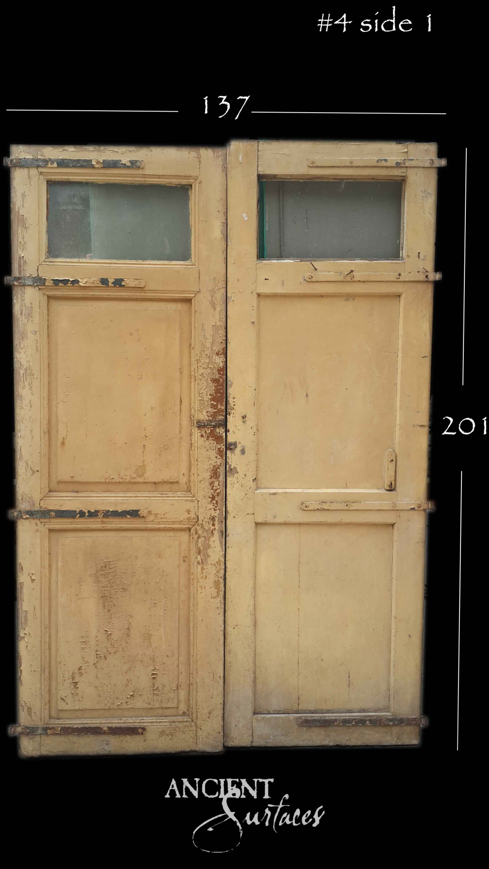 Mustard-ochre reclaimed antique double door with glazed transom lights and wrought-iron strap hinges
