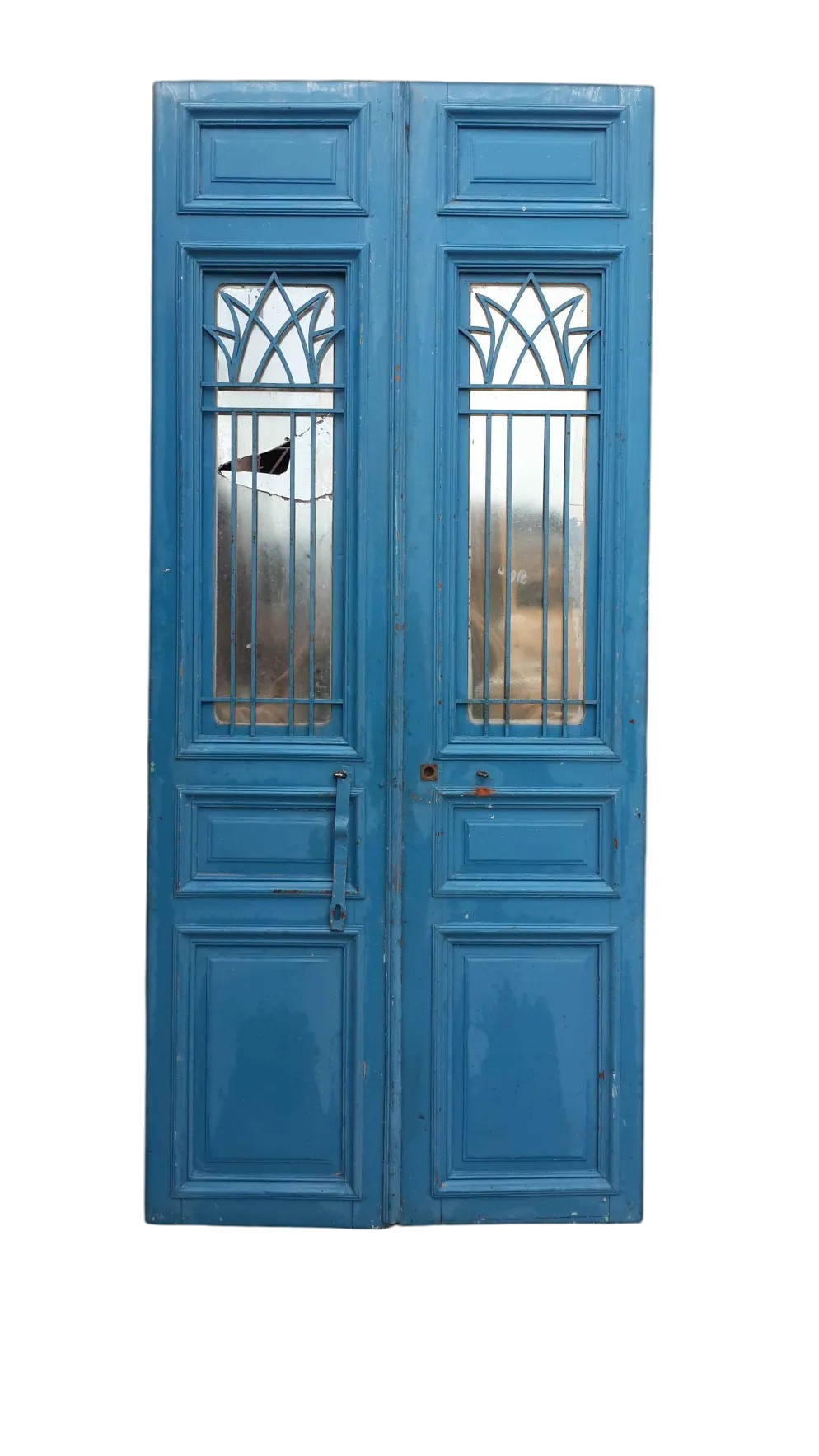 Ancient Surfaces cobalt-blue reclaimed antique double door with a lotus wrought-iron grille over mirrored glass