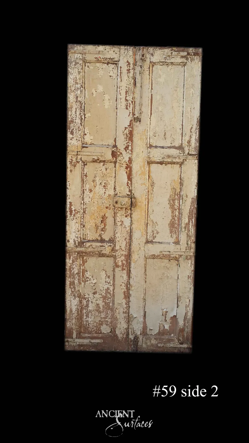 Heavily weathered whitewash reclaimed antique door with six rustic time-worn raised panels