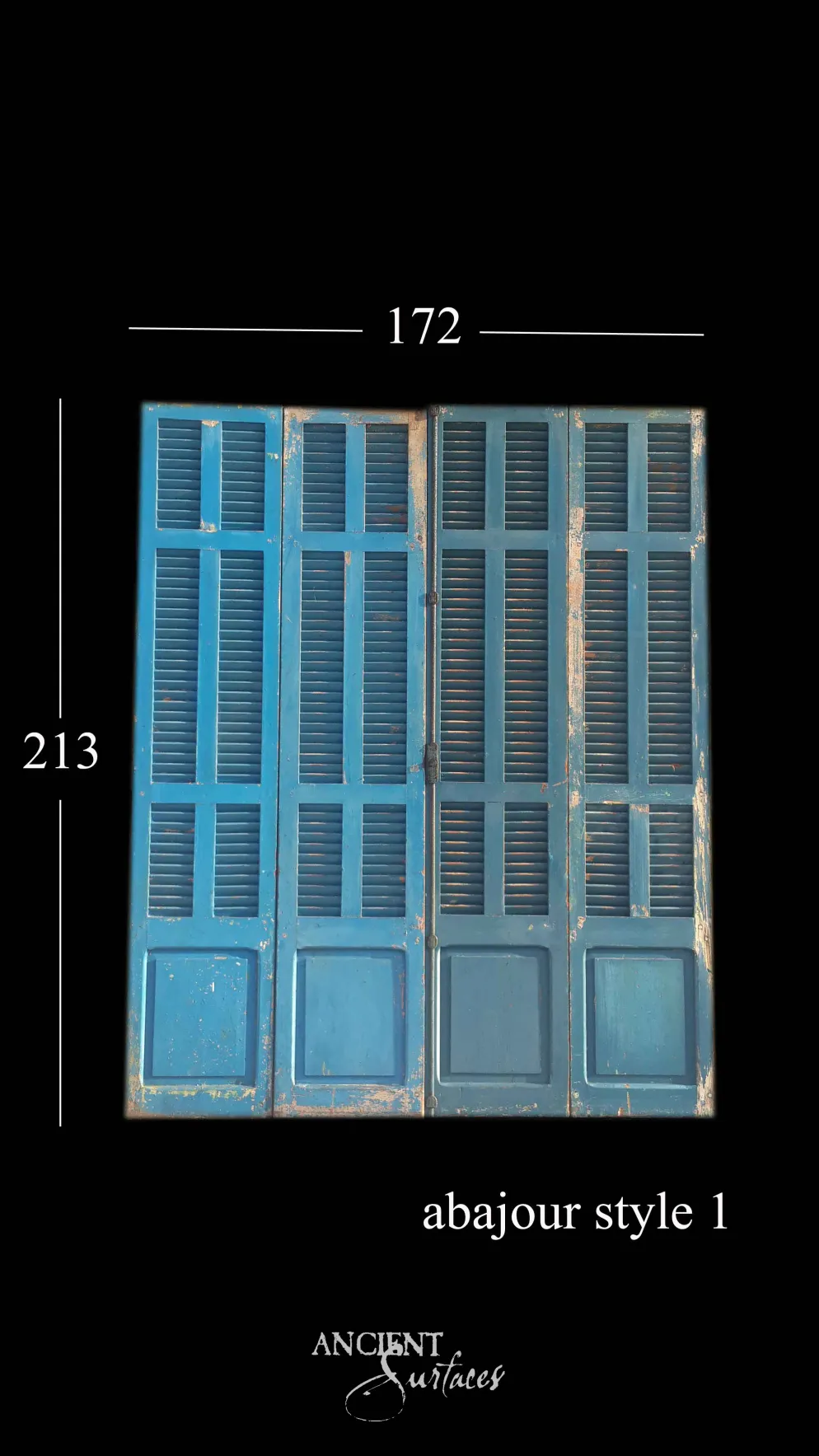 Wide four-leaf set of bright blue reclaimed antique abajour louvered shutter doors